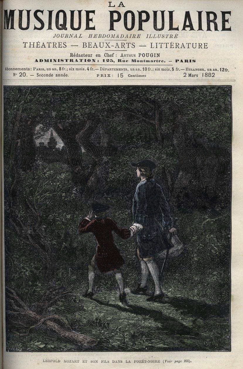 Leopold Mozart ja hänen poikansa Wolfgang Amadeus mustassa metsässä - Leopold Mozart ja hänen poikansa Wolfgang Amadeus mustassa metsässä Saksassa - kaiverrus "" Popular music""" maineikkaaseen viikkolehteen - 1882 tekijältä Unknown artist