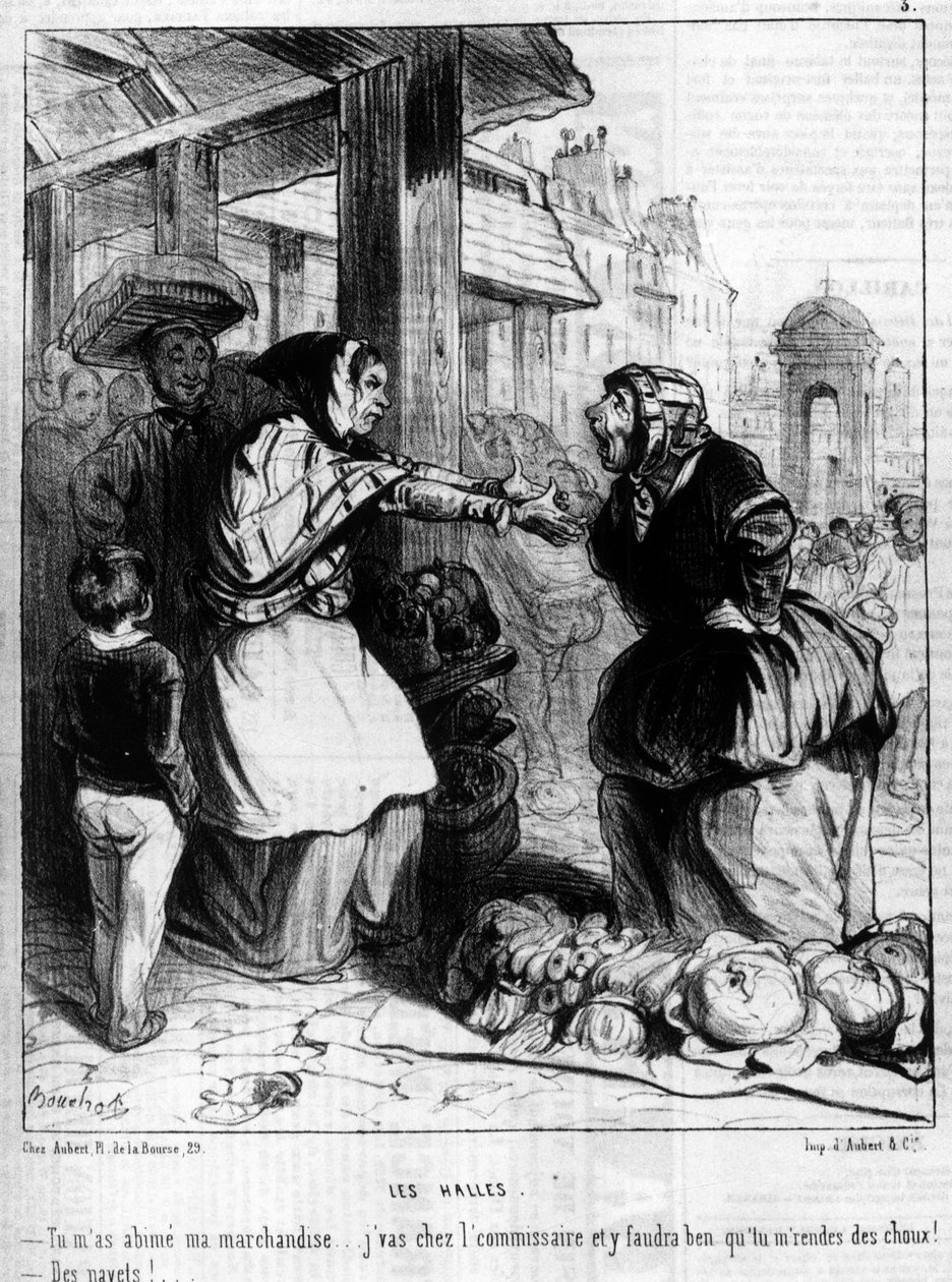 Les Halles - Marchandes riitelemässä Halles de Parisissa, "" Charivarissa" 14.10.1844. tekijältä Unknown artist