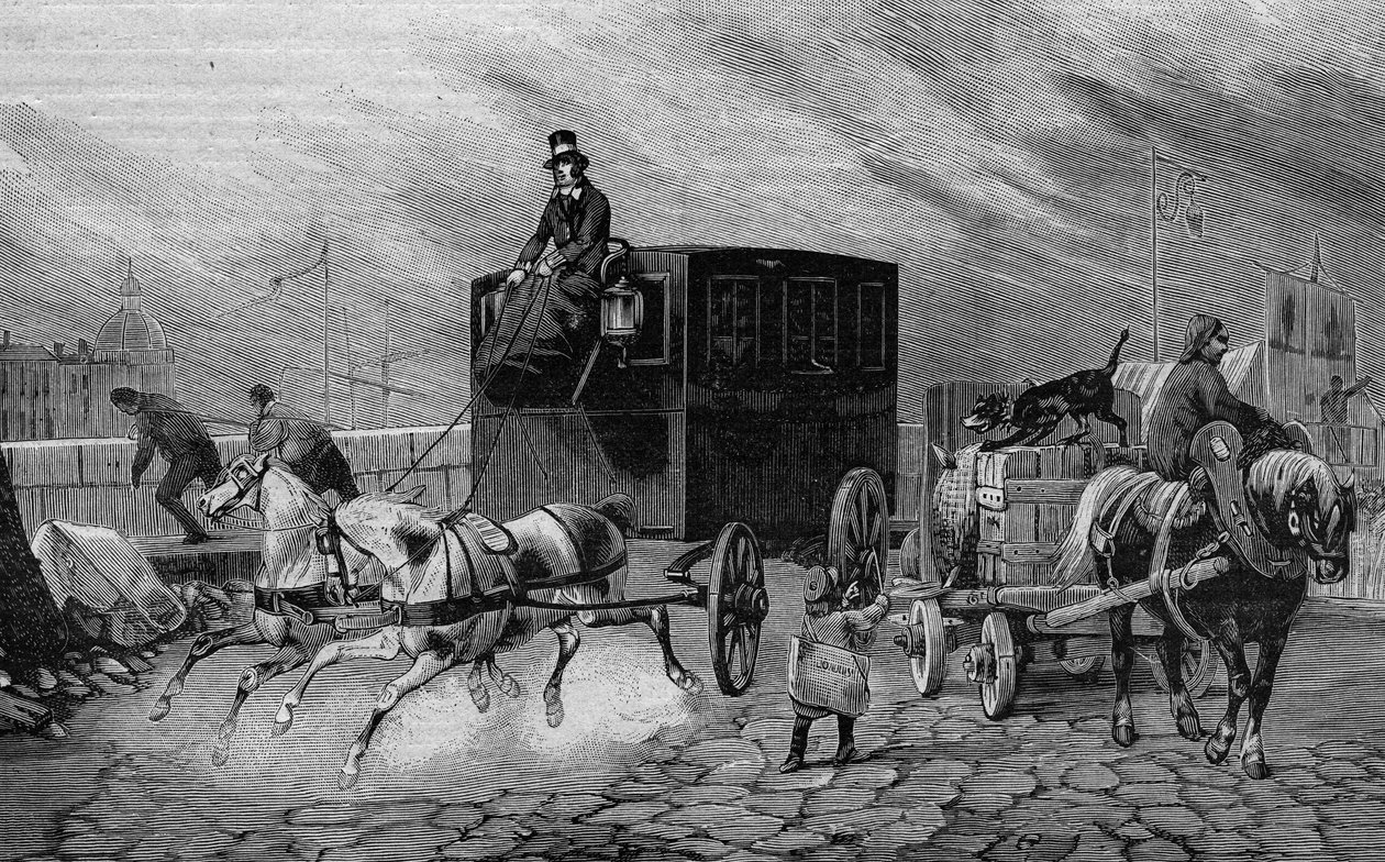 Les Omnibus de Paris 1800-luvulla: la Bearnaise - kaiverrus vuodelta 1892 tekijältä Unknown artist