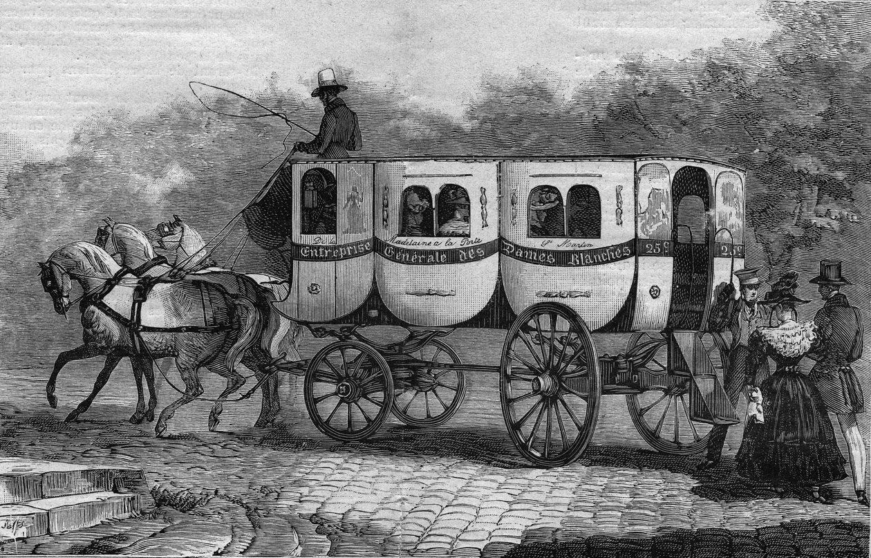 Les Omnibus de Paris 1800-luvulla: la dame blanche - kaiverrus vuodelta 1892 tekijältä Unknown artist