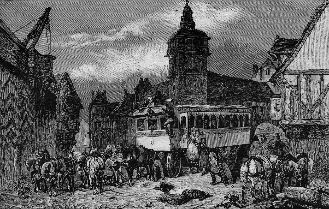 Les Omnibus de Paris 1800-luvulla: autossa on 60 istuinta - kaiverrus vuodelta 1892 tekijältä Unknown artist