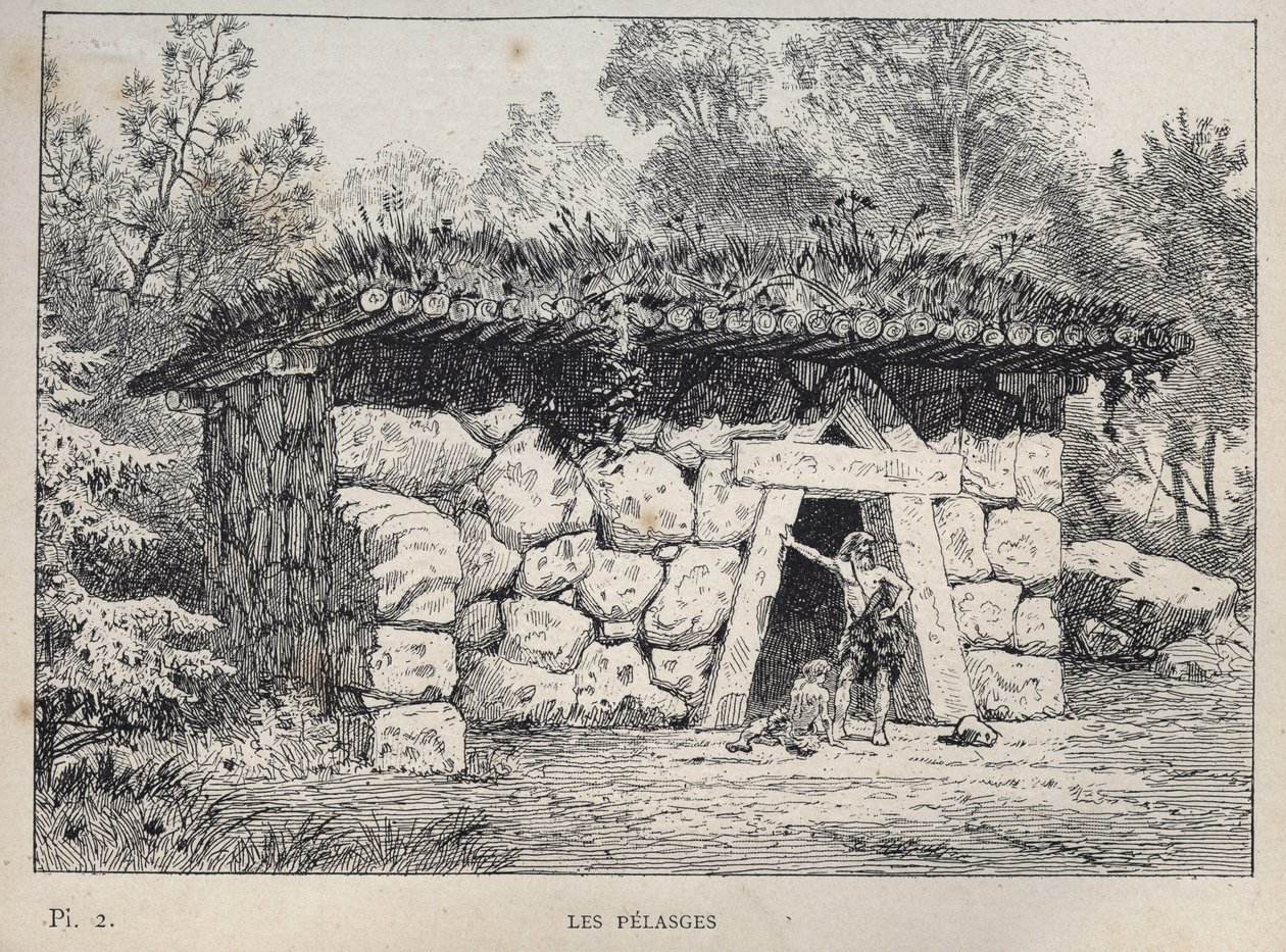 Pelasgit (pelasgit) - kaiverrus vuodelta 1889 Charles GARNIERin teokseen "Ihmisasumisen historia vuoden 1889 yleisnäyttelyssä - Librairie centrale des beaux-arts Paris 1889" tekijältä Unknown artist