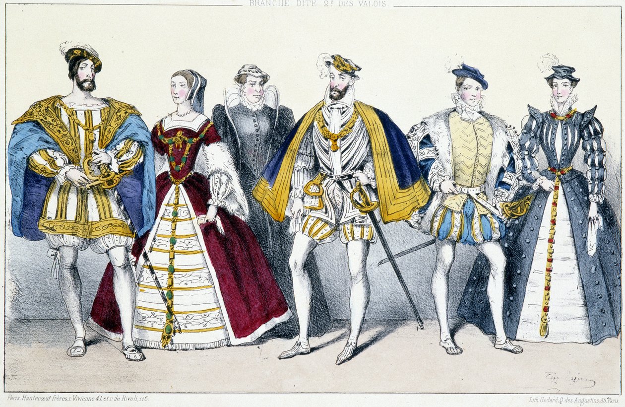 Les Valois: Francois I (1494-1547) ja Claude de France (1499-1524), Katariina de Medicis (1519-1589) ja Henri II (1519-1559), Francois II (1544-1560) ja Marie Stuart (1542-) 1587) - Planche poimittu Ranskan kuninkailta ja kuningattareilta vedoksissa, Parii tekijältä Unknown artist