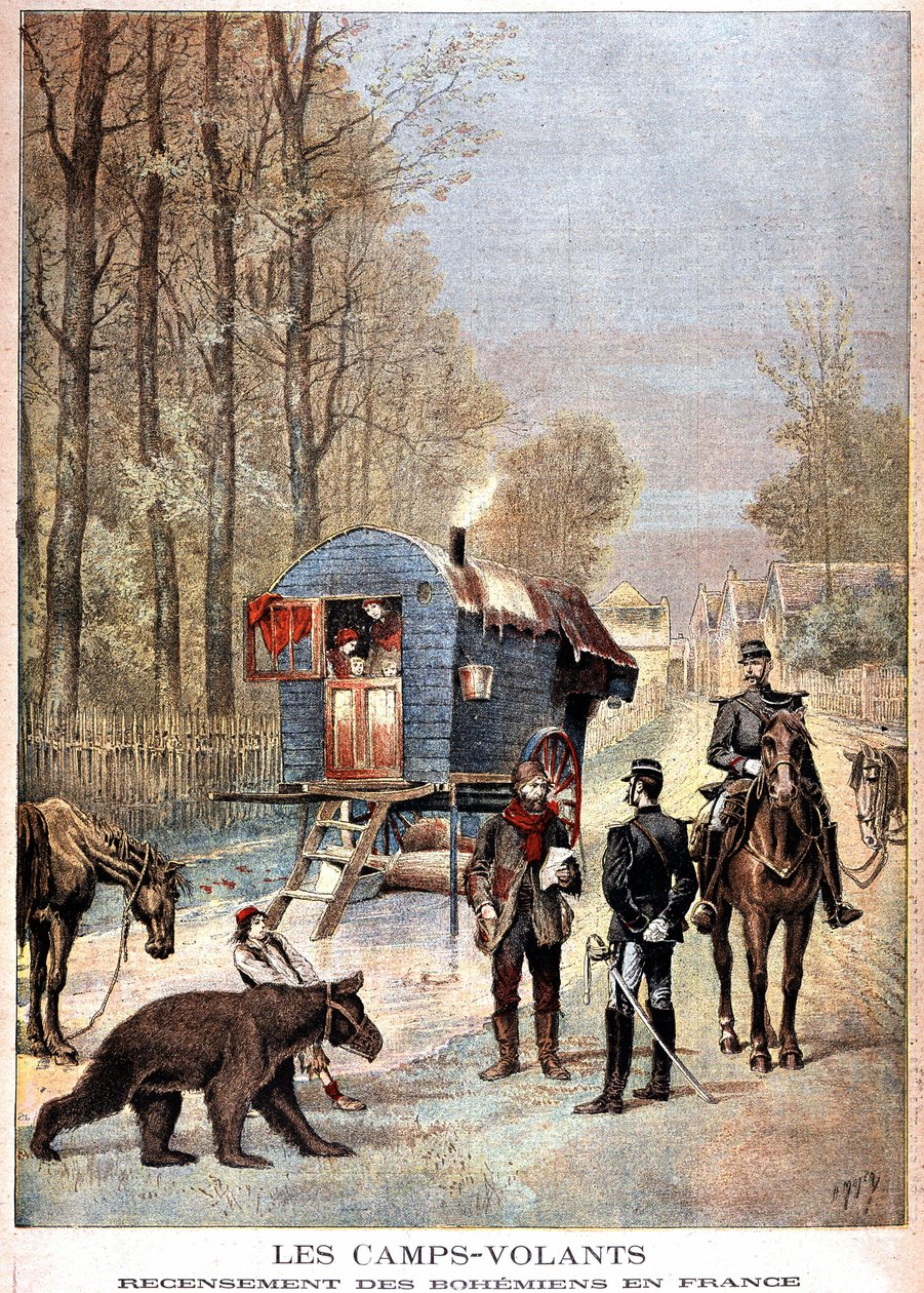 Lentoleirit: Boheemien laskenta Ranskassa (Roulotte, boheemit ja santarmit) - "" Le petit journal" -lehdessä 5.5.1895 tekijältä Unknown artist
