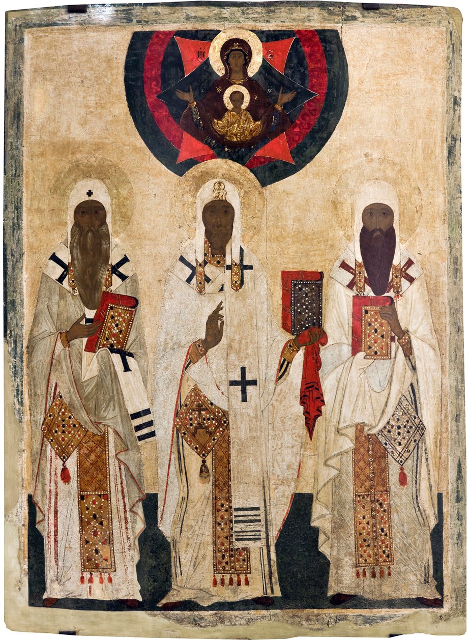 Les trois saints eveques de Rostov: Isaie (kuoleva en 1090), Leonce (kuolevainen en 1077), Ignace (kuolevainen en 1288) - Venäjän ikoni : Rostovin kolme pyhimystä piispaa: Isaiah, Leontius ja Ignatius. Tempera paneelissa, 1400-luvun loppu, Valtion ulkoilma tekijältä Unknown artist
