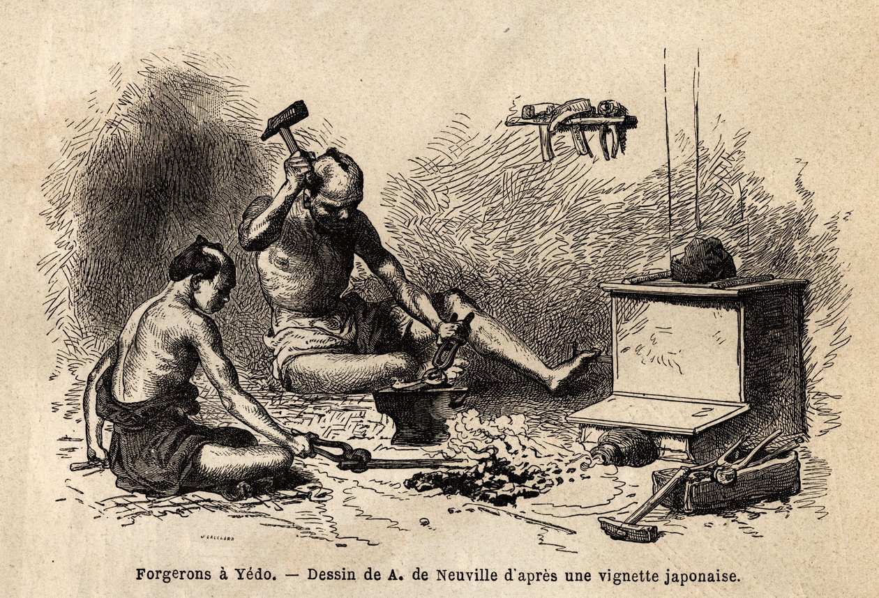 Tehdään sepät heidän takomonsa edessä Yedossa (tai Edossa, keisarillisessa pääkaupungissa, nykyisessä Tokiossa). Kaiverrus havainnollistamaan matkaa Japaniin vuosina 1863-1864, Sveitsin valaliiton ministeri Aime Humbert julkaisussa "" Le tour du monde, nou tekijältä Unknown artist