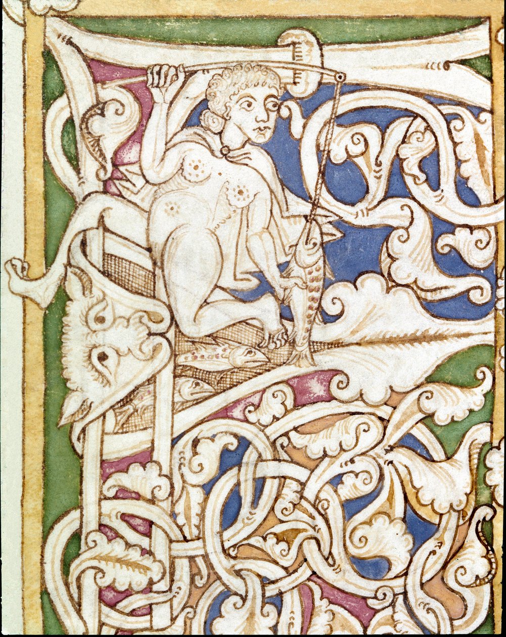 Lettrine P decoree kalastavasta naisesta. Miniatyyri Raamatusta (Vanha testamentti) (Ms 3088) 1100-luvun Coimbra, yliopiston kirjasto tekijältä Unknown artist