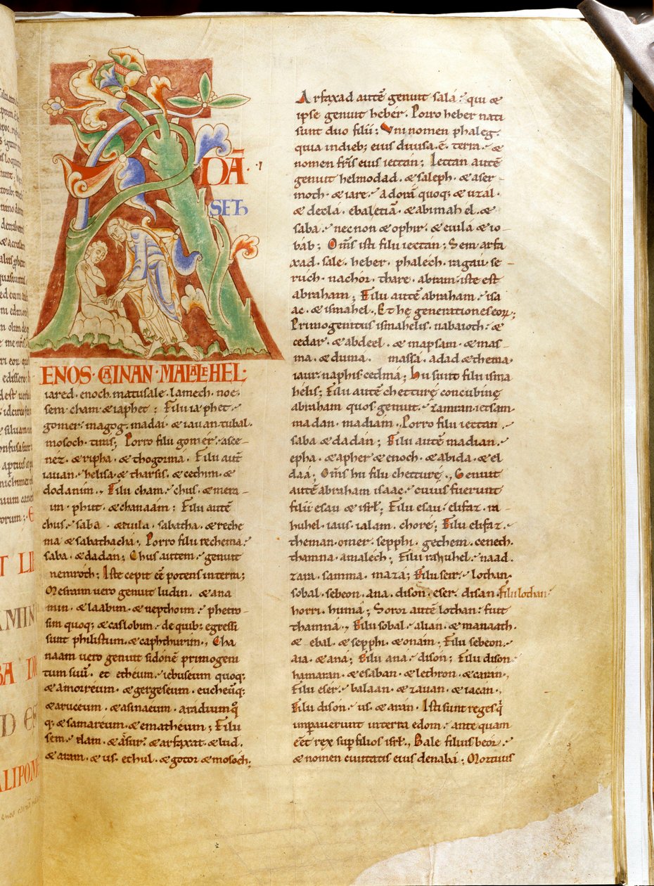 Lettrine: kirjain "A", joka edustaa Aadamin luomista (Raamattu ja harding). Pienoiskuva käsikirjoituksesta "" Treats sur la Trinite de Saint Augustine"" Citeaux