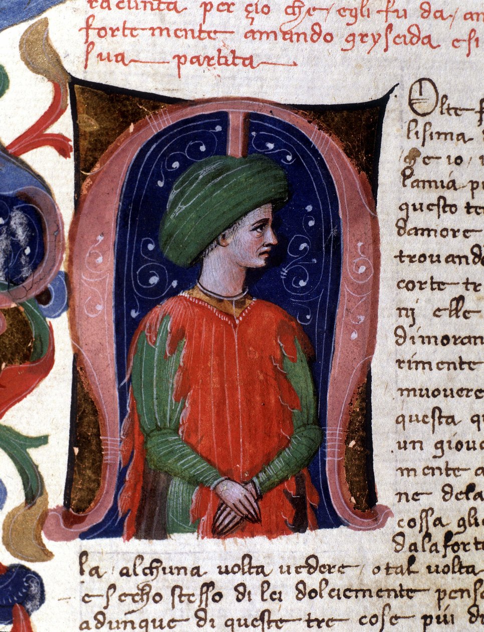 Kirjain "" m" ja miniatyyri, joka kuvaa sofistia, Philostratea. Käsikirjoitus Boccacio (Boccace) tekijältä Unknown artist