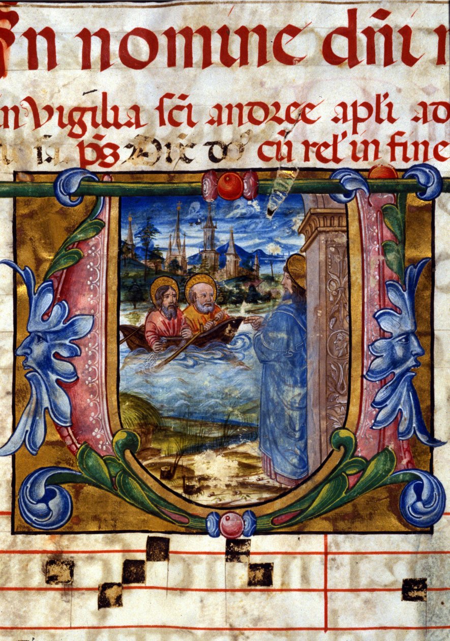 1400-luvun kuoron kirje. Kristuksen ilmestyminen ylösnousemuksensa jälkeen uskomattomiin anteeksipyyntöihin Tiberiasjärvellä. Biblioteca nazionale Braidense, Milano. tekijältä Unknown artist