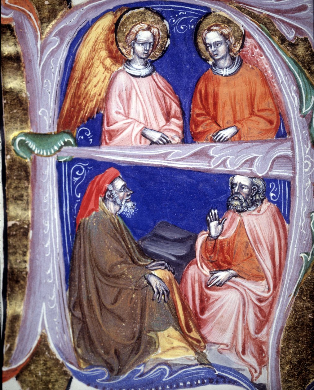 Lettriine edustaa enkeleitä ja filosofeja, jotka keskustelevat - teoksessa De civitate dei de St Augustine. 1300-luvun käsikirjoitus. Kunnallinen Raamattu. Riministä. tekijältä Unknown artist