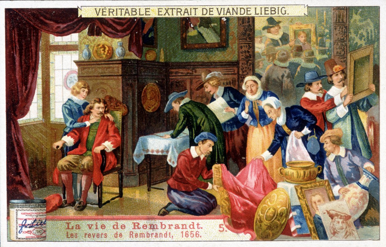 Liebig-kromolitografia hollantilaisen taidemaalarin Rembrandtin (1606 - 1669) elämästä. Tämä on Rembrandtin takaisku vuonna 1656. tekijältä Unknown artist