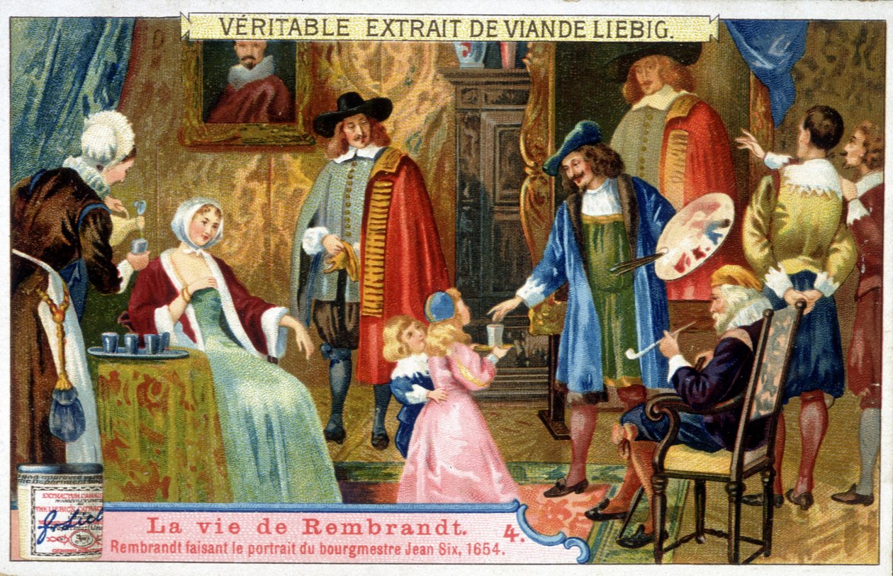 Liebig-kromolitografia hollantilaisen taidemaalarin Rembrandtin (1606 - 1669) elämästä, tässä pormestari Jean Sixiä vuonna 1654. tekijältä Unknown artist