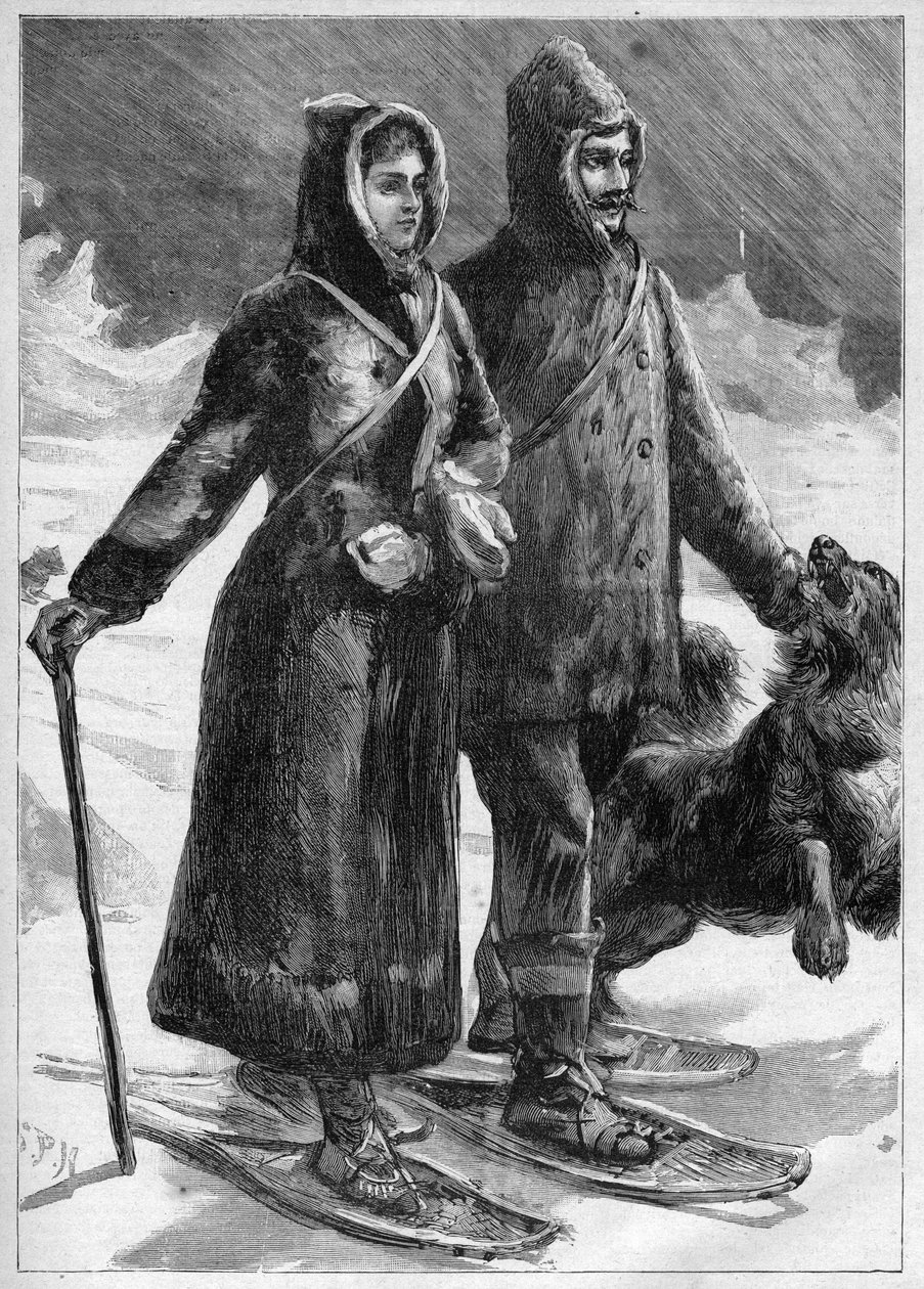 Luutnantti Robert Edwin Peary (1856-1920) Grönlannissa vaimonsa kanssa - kaiverrus "Le Journal des voyages" -kirjaan vuodelta 1894 tekijältä Unknown artist