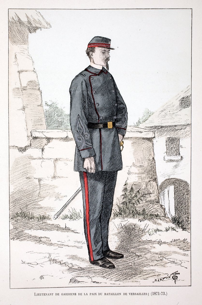 Versaillesin pataljoonan rauhanvartijoiden luutnantti (1871-1873). Etsaus väreillä, havainnollistava "" History of the Corps of Peacekeepers"" -kirja, jonka on julkaissut Louis Lepinen (1846-1933) Seinen poliisin prefekti, A. tekijältä Unknown artist