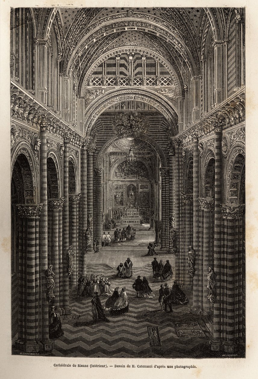 Sienan katedraalin sisustus, kaiverrus havainnollistamaan matkaa Sienaan (Italia) vuonna 1865 Edouard Chartonin johdolla julkaistussa "Le tour du monde, nouveau journal des voyages" -julkaisussa tekijältä Unknown artist