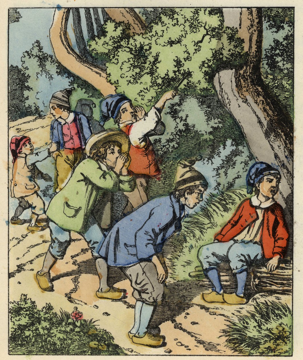 Pikku Poucet ja hänen veljensä eksyivät vanhempiensa hylkäämään metsään. Kuvitus Charles Perraultin tarinasta "" Le Pepetit Poucet". tekijältä Unknown artist
