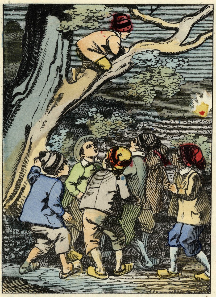 Pikku Poucet kiipeää puuhun ja etsii tietä. Hän poimii valoa metsästä. Kuvitus Charles Perraultin tarinasta "" Le Pepetit Poucet" tekijältä Unknown artist