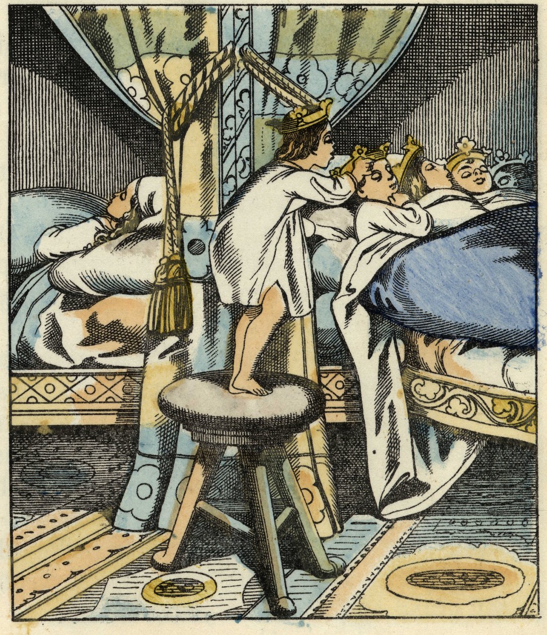 Pikku Poucet laittaa ogren seitsemän tyttären kruunut veljiensä päähän. Kuva Charles Perraultin tarinasta "" Le Petite Poucet". tekijältä Unknown artist