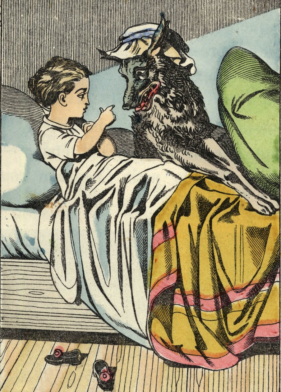 Punahilkka kysyy susilta: "Isoäiti, koska sinulla on suuret hampaat." Kuvitus Charles Perraultin tarinasta "Punahilkka". tekijältä Unknown artist