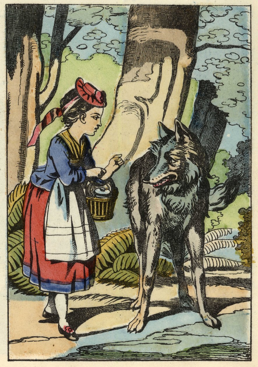 Punahilkka tapaa suden metsässä. Kuvitus Charles Perraultin tarinasta "Punahilkka". tekijältä Unknown artist