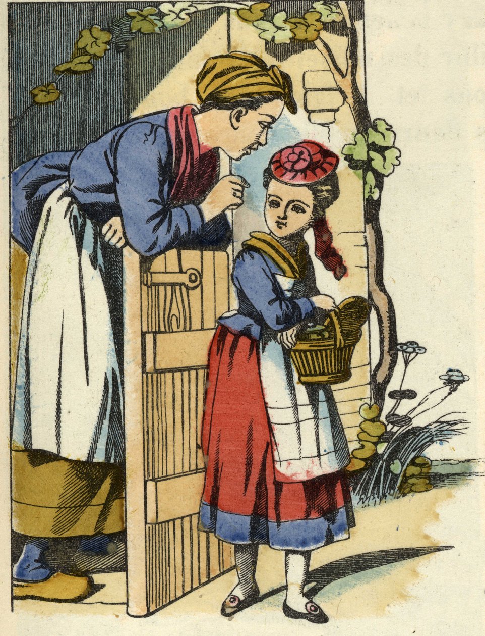 Punahilkan äiti antaa viimeiset suosituksensa mennä isoäidin luokse. Kuvitus Charles Perraultin tarinasta "Punahilkka". tekijältä Unknown artist