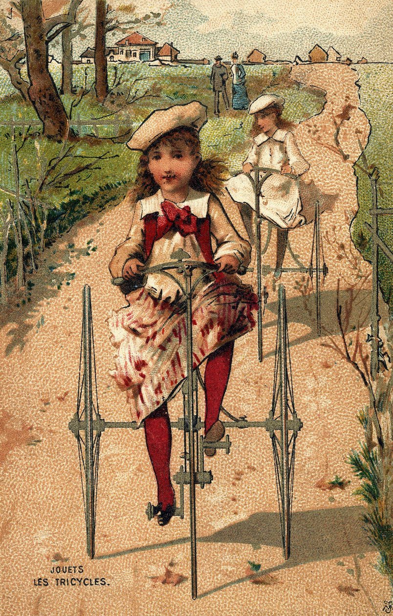 Pikkutytöt ajamassa kolmipyöräisiä. Kromolitografia noin 1890. tekijältä Unknown artist