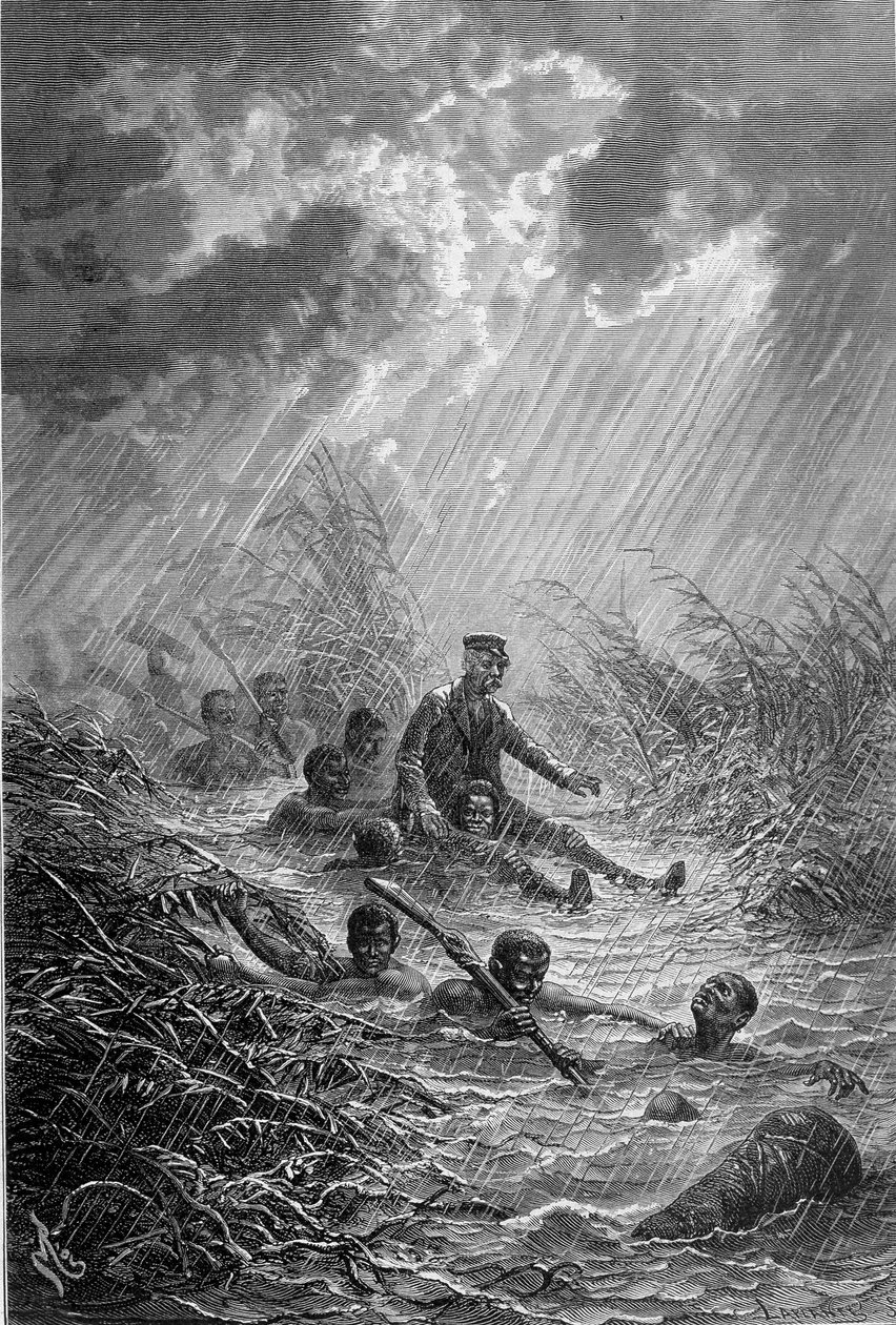 Livingstone ja hänen miehensä ylittämässä vesistöä - "" Livingstonen viimeinen matka 1866-1873"" "" Tour du Monde "", 2. sem. 1875 tekijältä Unknown artist
