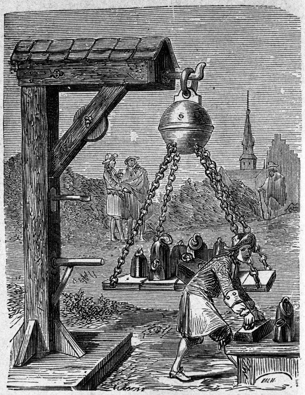 Ripustettujen Magdeburgin puolipallojen lastaus. Kaiverrus Otto von Guericken (Otto de Guericke) teoksesta "Ottonis de Guericke: Experimenta Nova Magdeburgica de vacuo spatio" tekijältä Unknown artist