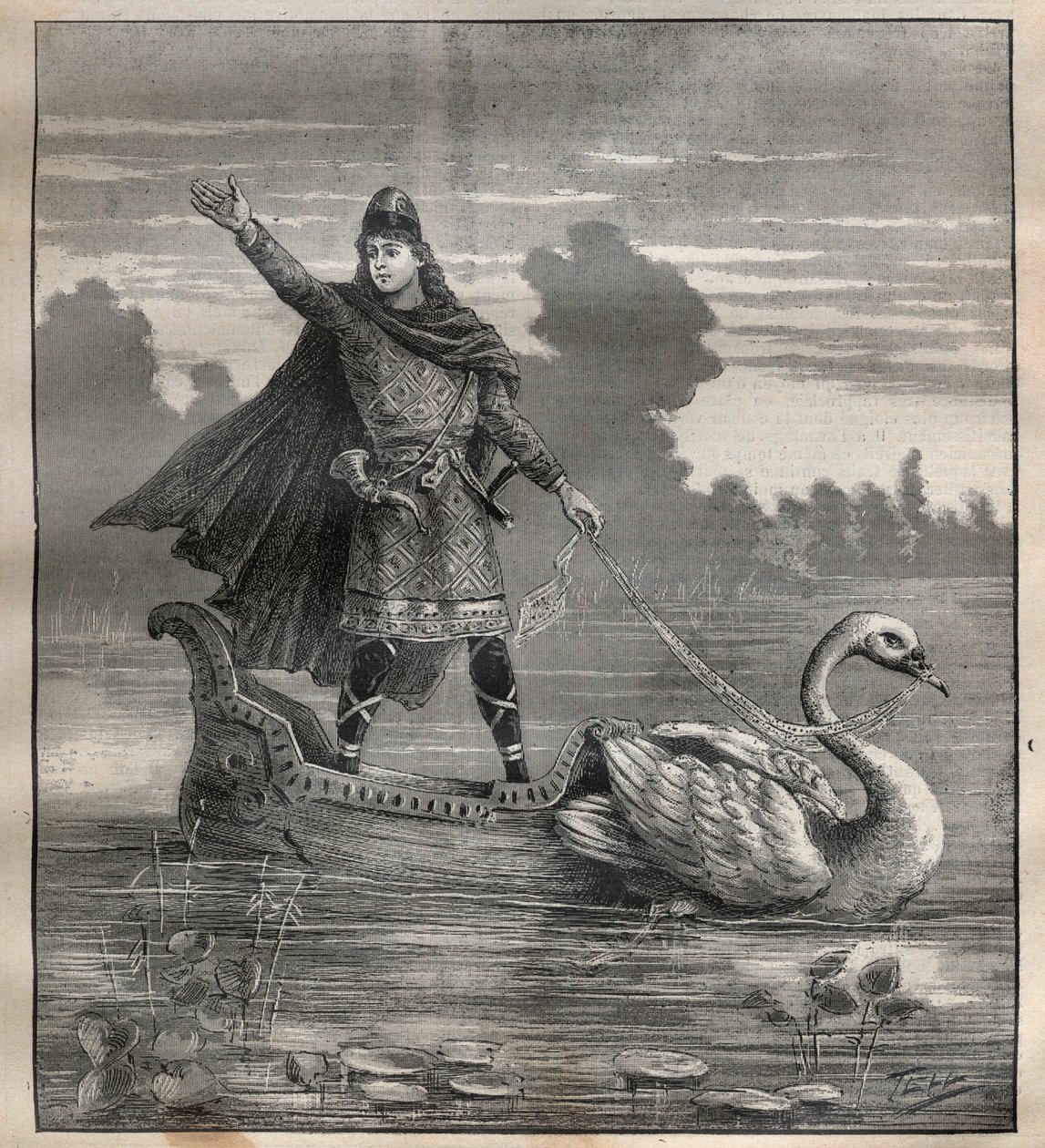 Lohengrin sisään joutsenen piirtämässä konepajassa, kohtaus Richard Wagnerin (1813-1883) oopperasta "Lohengrin" - Kaiverrus "" La Science francaise"" tekijältä Unknown artist