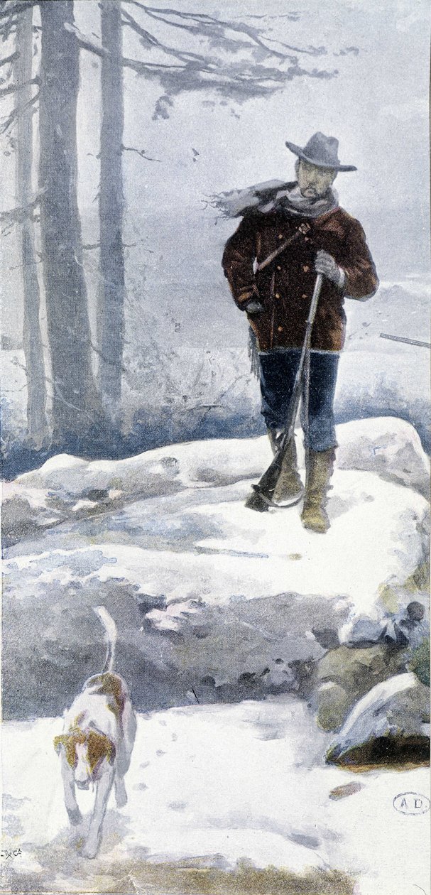 Yksinäinen metsästäjä koiran kanssa lumisessa maisemassa, 1800-luvun loppu tekijältä Unknown artist