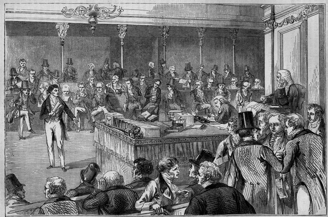 Lordi John Russell (1792-1878) esitteli uudistuslain (Reform Act) House of Lordsissa 1832 (kaiverrus) tekijältä Unknown artist