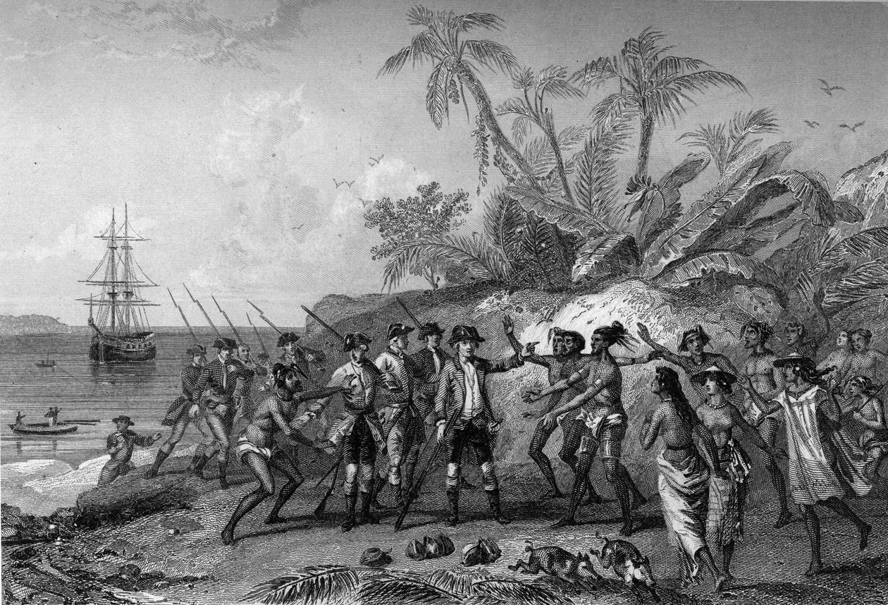 Louis Antoine Comte de Bougainville, ranskalainen merenkulkija (1729-1811), lähestyy Markiisisaarten saarta Tahitilla, 6. huhtikuuta tekijältä Unknown artist