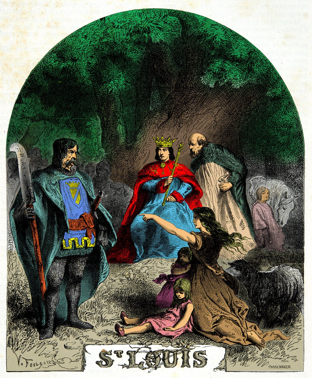 Ludvig IX (Pyhä Ludvig 1214-1270) toteuttamassa oikeutta tammen alla, Kaiverrus 1800-luku tekijältä Unknown artist