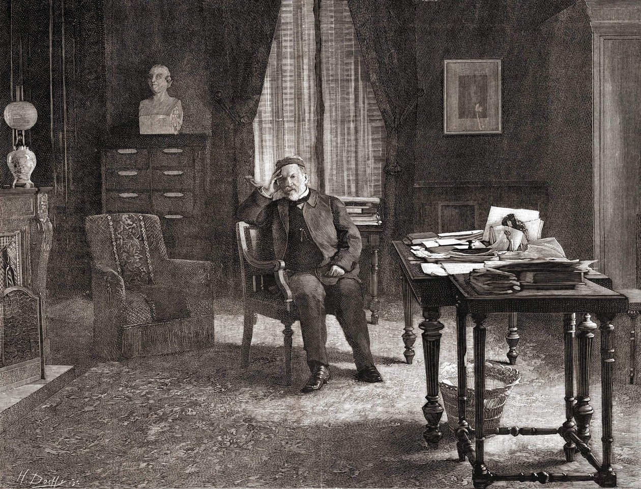 Louis Pasteur toimistossaan instituutissa. 1800-luvun kaiverrus. tekijältä Unknown artist