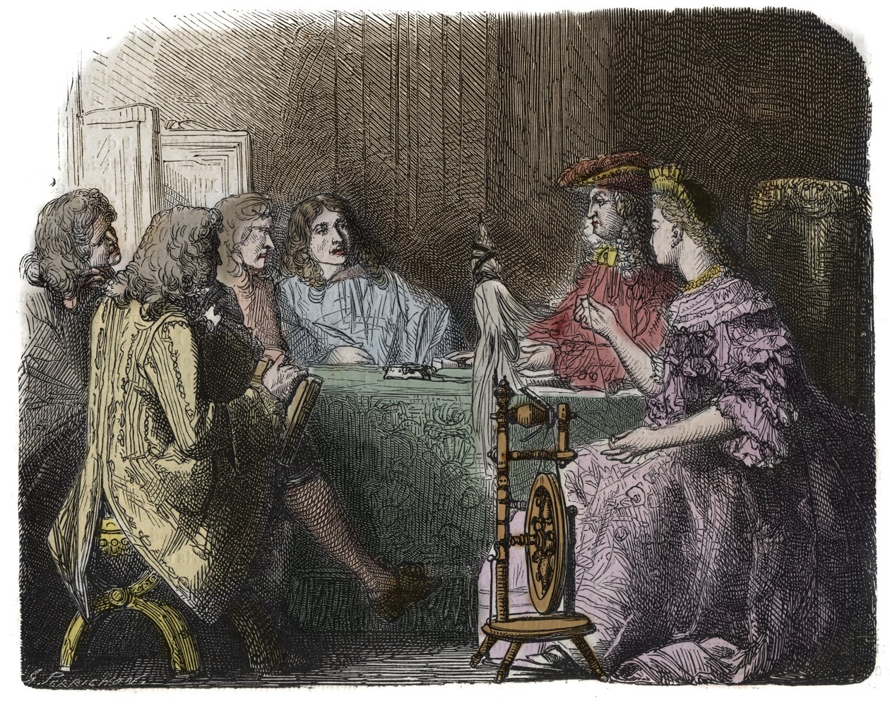 Ludvig XIV käy kauppaa ministeriensä kanssa Madame de Maintenonin asunnoissa (kaiverrus) tekijältä Unknown artist