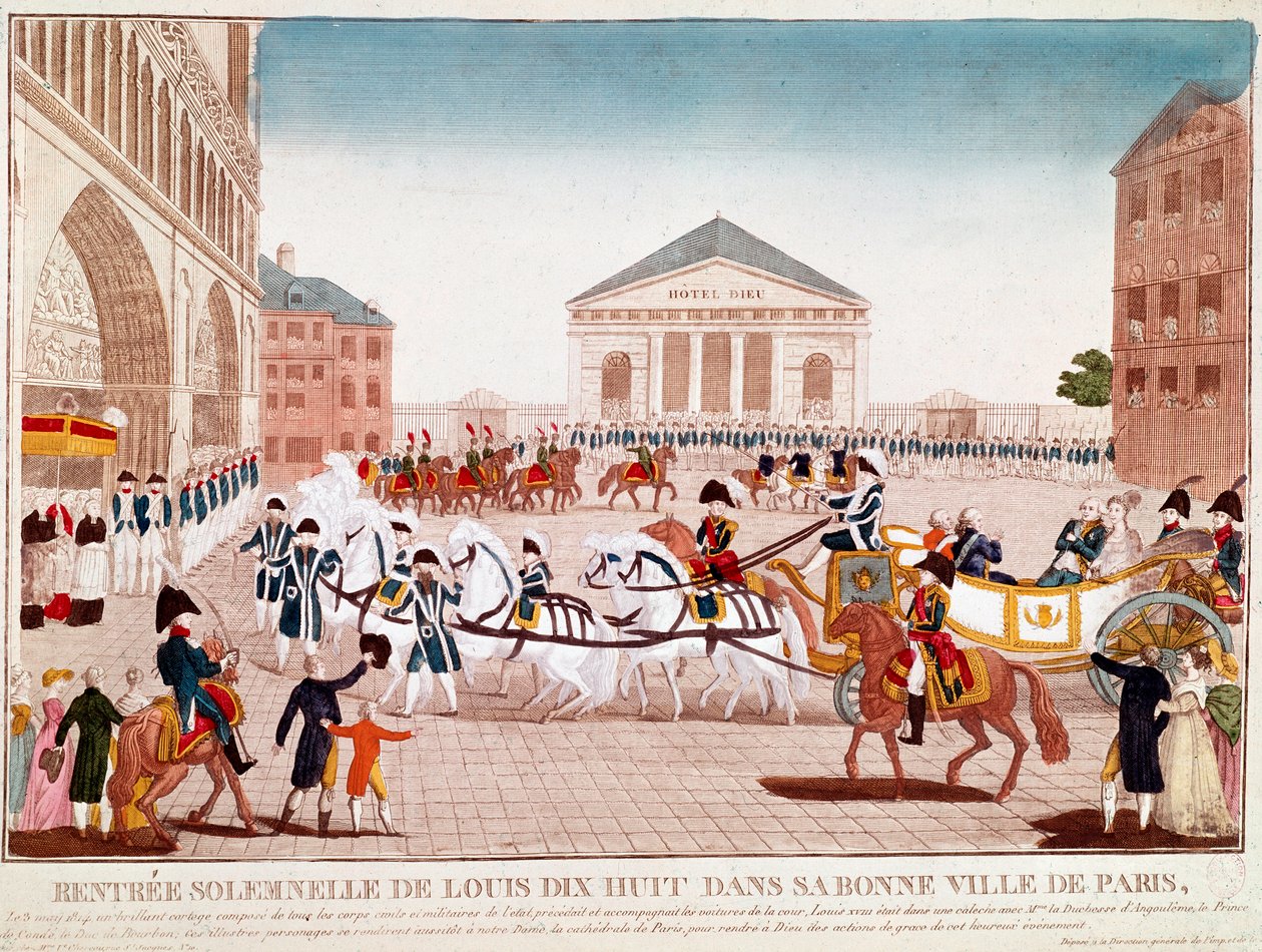 Ludvig XVIII saapuu Notre Dameen, Pariisiin, 3. toukokuuta 1814 (kaiverrus) tekijältä Unknown artist