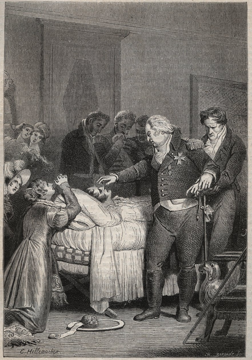 Ludvig XVIII Berryn herttuan kuolinvuoteella - Berryn herttuan viimeiset hetket 13. helmikuuta 1820 (1778 - 1820) Pariisin oopperassa Louis XVIII:n ja kuninkaallisen perheen ympäröimänä - kaiverrus kirjaan "Histoire de France narrate to my lapsenlapset” tekijältä Unknown artist