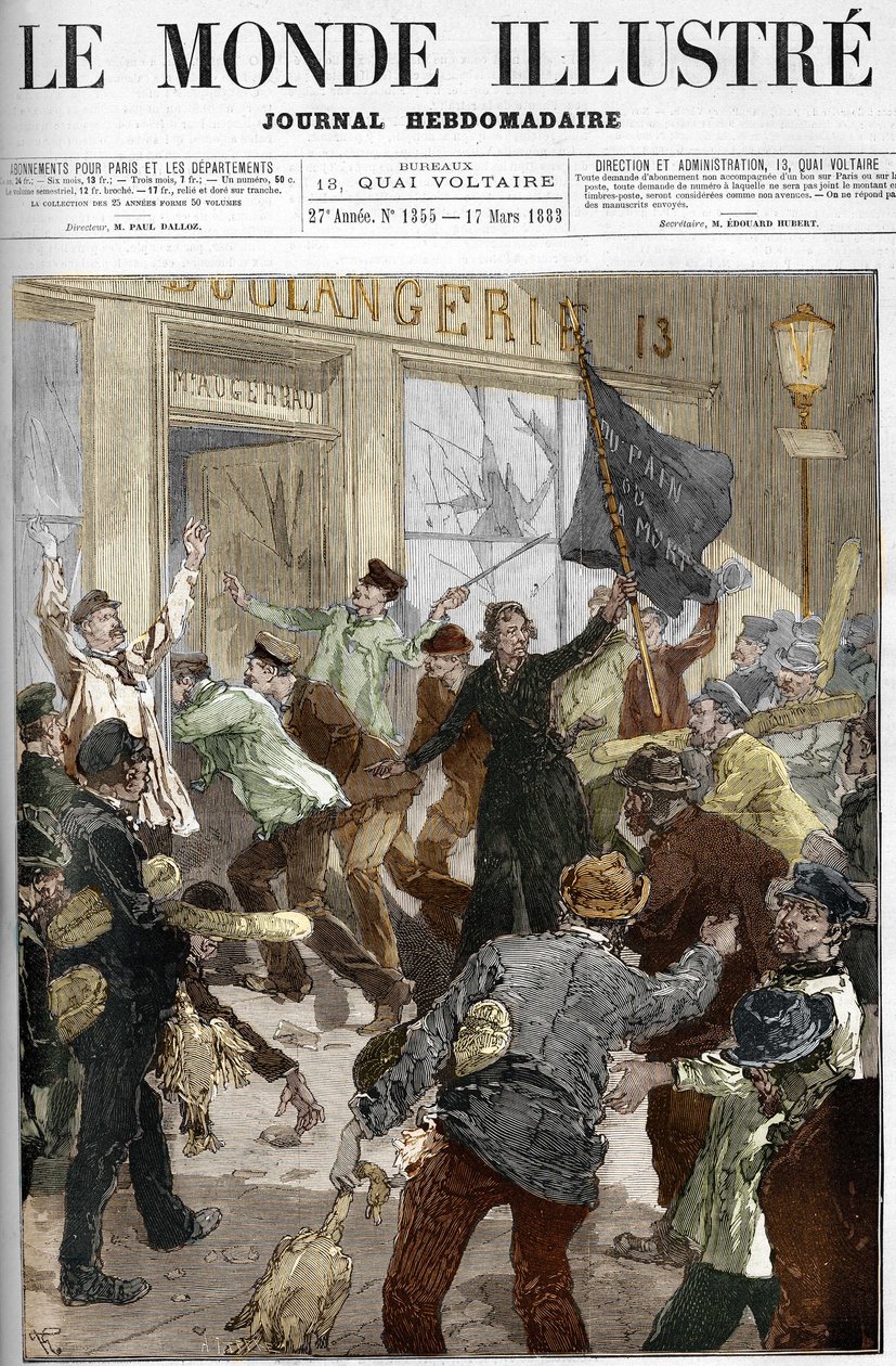 Louise Michel (1833-1905), ranskalainen vallankumouksellinen, heiluttaen mustaa lippua, johon on kirjoitettu "leipä tai kuolema", leipomon ryöstön aikana työläisten mielenosoituksen aikana 9. maaliskuuta 1883 Pariisissa. tekijältä Unknown artist
