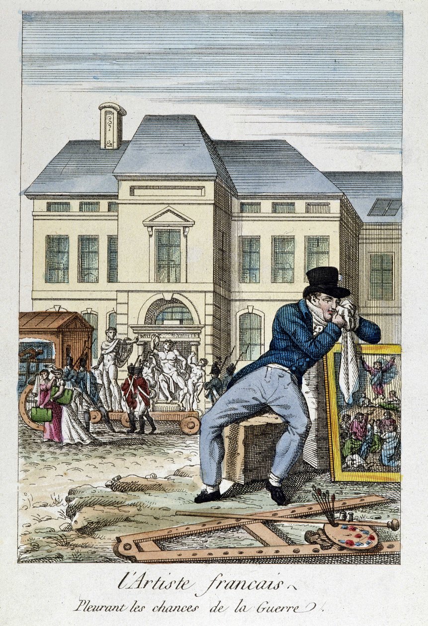 Louvre: Ranskalainen taiteilija, joka suree sodan mahdollisuuksia, kaiverrus 1800-luvulta tekijältä Unknown artist