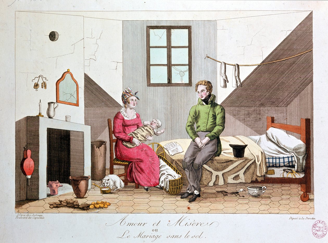 Rakkaus ja kurjuus tai avioliitto ilman maata, köyhä kotitalous, 1800-luvun alku tekijältä Unknown artist