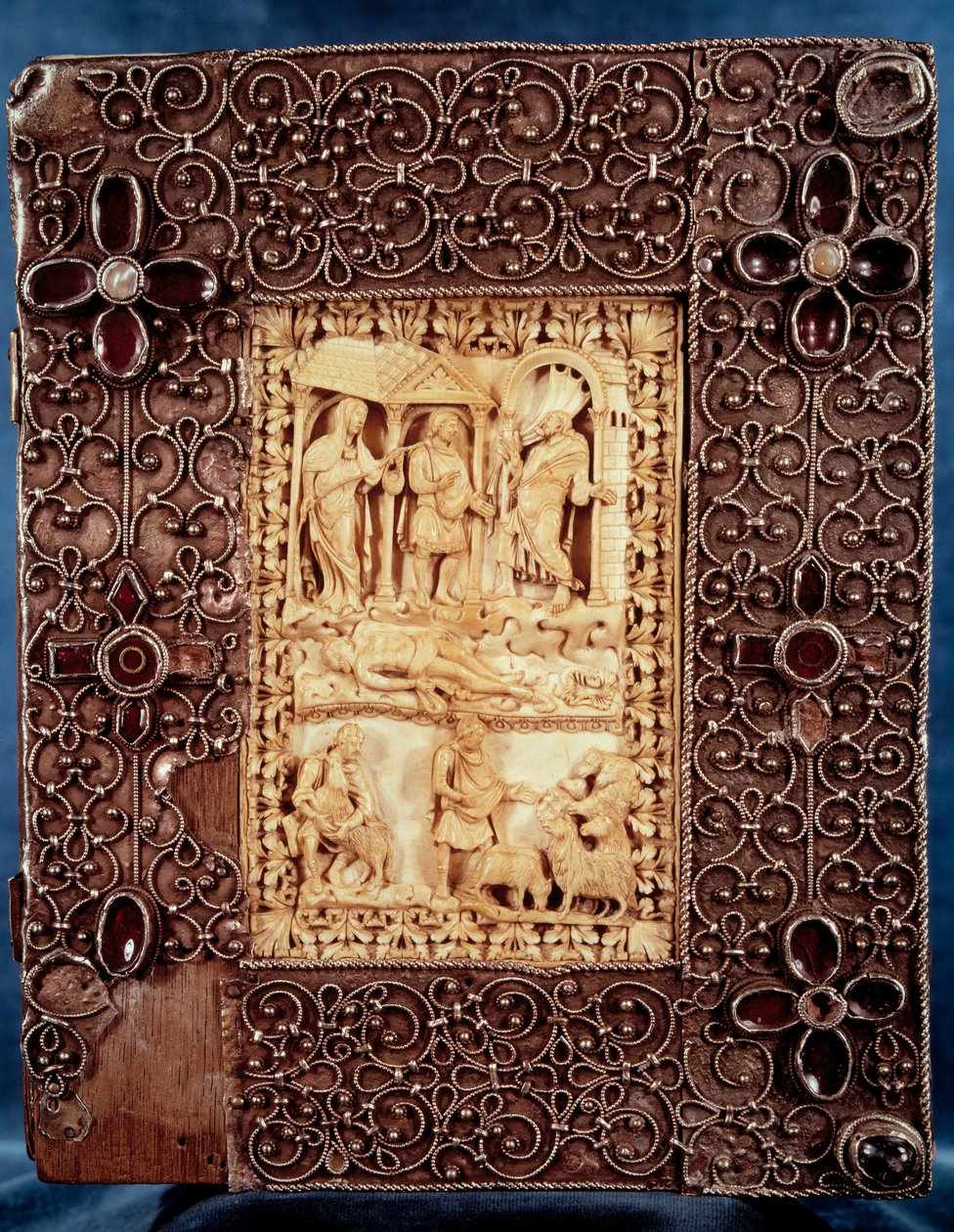 Kaarle Kalju II:n (823-877) Psalterin alalautanen: norsunluinen pienoismalli, jossa Nathan tuli tappamaan lasta, mikä ei liity Israelin kuninkaan Daavidin ja Betsabeen aviorikokseen. 850-875. Paris, B.N. tekijältä Unknown artist