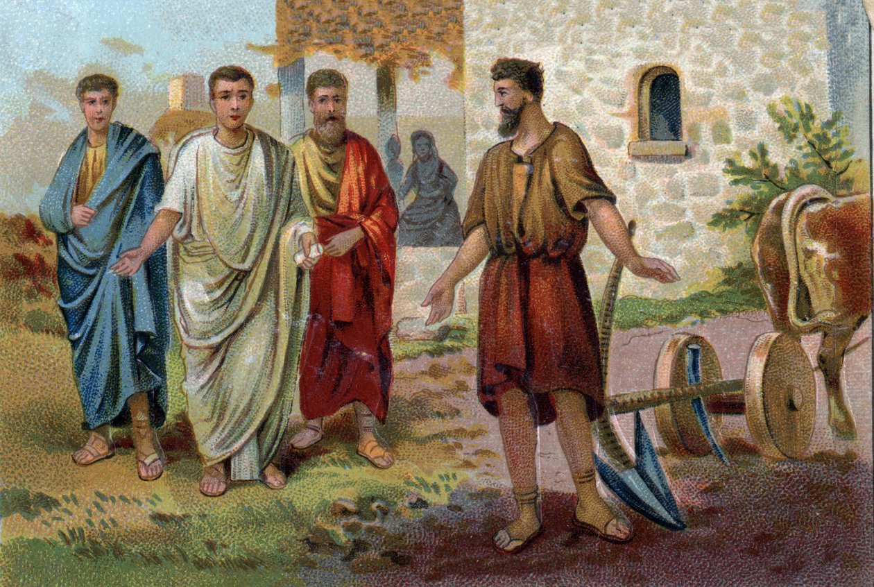 Lucius Quinctius Cincinnatus (v.520/v.430 eKr.), Rooman konsuli, osallistui maataloustehtäviin, kun senaattorit (Rooman valtakunnan senaatti) tulivat anomaan häntä hyväksymään korkeimman käskyn ja ryhtymään Rooman diktaattoriksi vuonna 458 eaa. Kromolitogr tekijältä Unknown artist