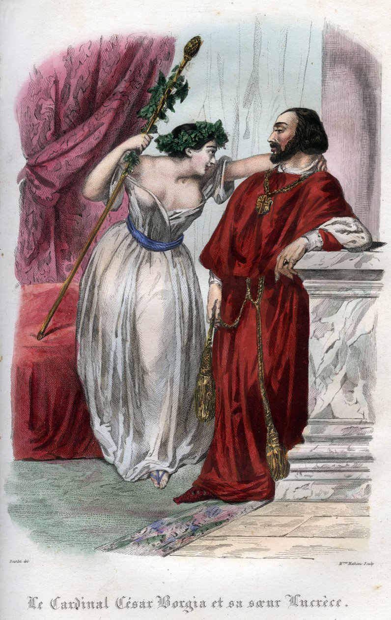 Lucrece Borgia (1480-1519) veljensä Cesar Borgian kanssa. (Lucrezia ja Cesare Borgia). Kaiverrus vuodelta 1842 Maurice Lachatren teokseen "Histoire des Popes: rikokset, murhat, myrkytykset, kansanmurhat, aviorikokset, insesti...". Yksityinen kokoelma. tekijältä Unknown artist