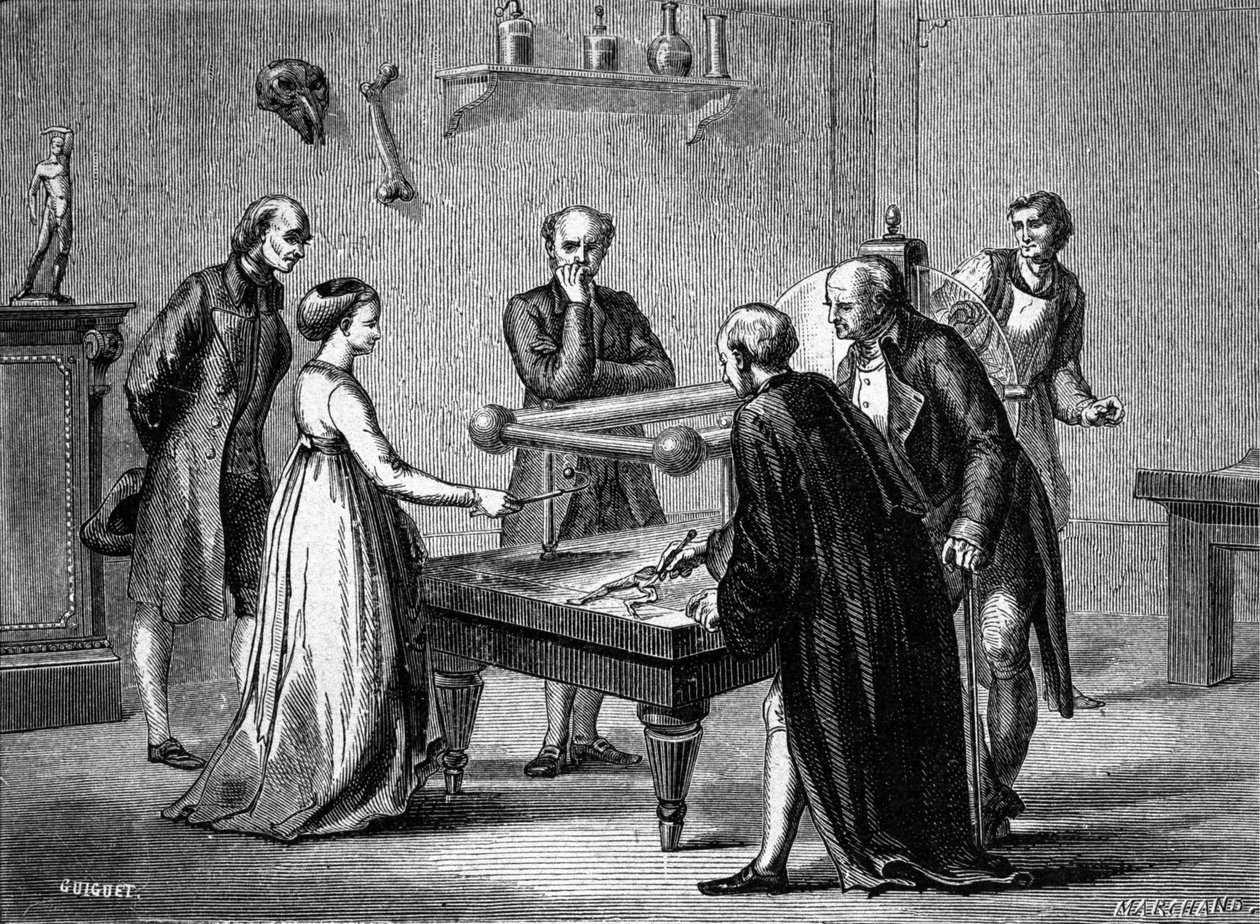 Luigi Galvani, Bolognan professori, löysi vuonna 1780 sammakkolihasten ärtyisyyden sähkön vaikutuksesta. Kaiverrus 1800-luvulta. tekijältä Unknown artist
