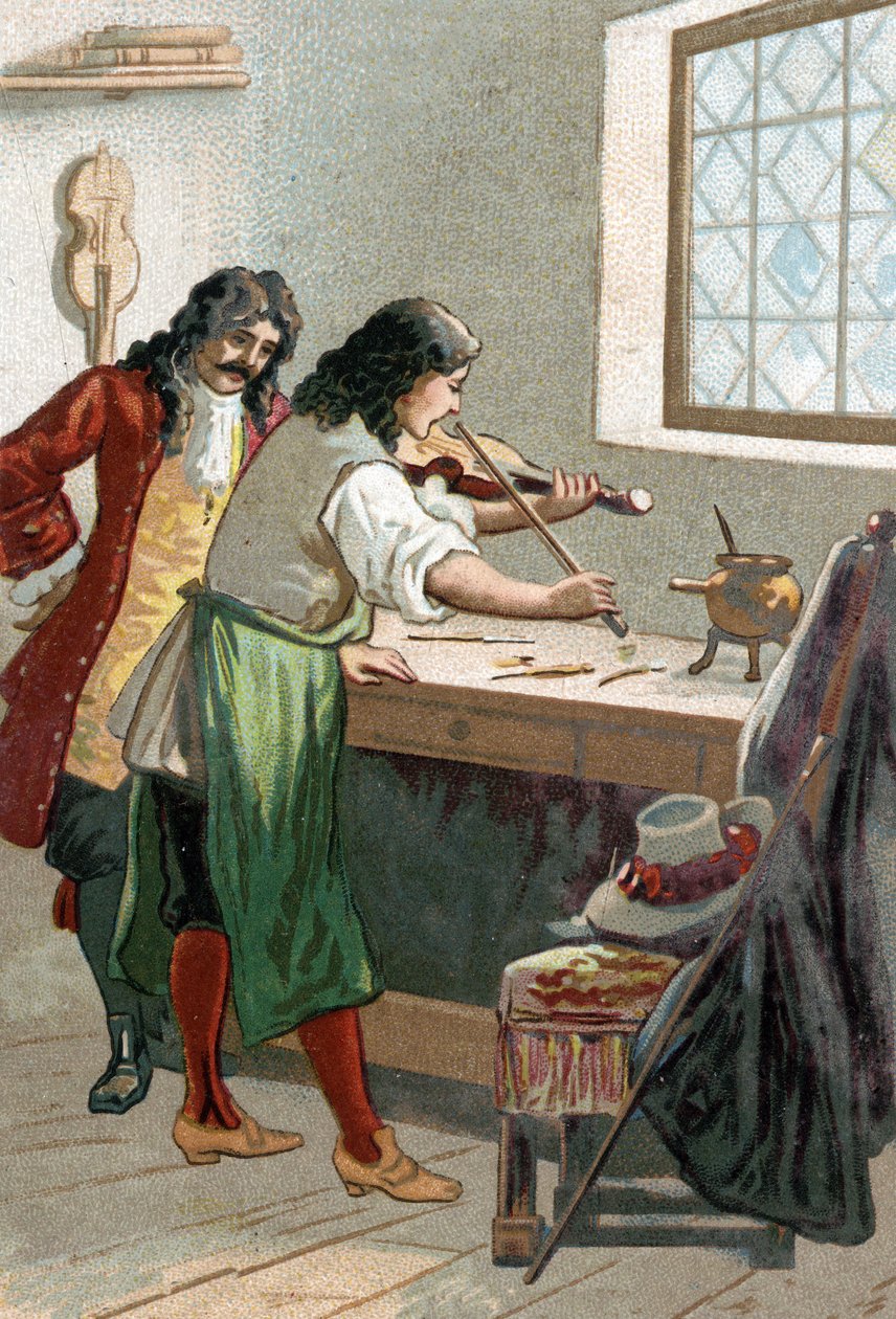 Luthier Stradivarius (Antonio Stradivari) (1644-1737) työpajassaan. 1800-luvun kromolitografia tekijältä Unknown artist