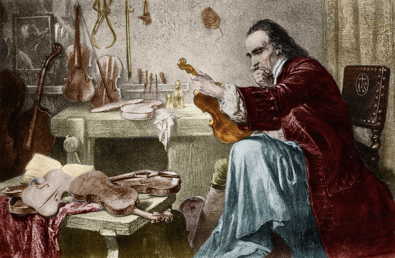 Luthier Stradivarius (Antonio Stradivari) (1644-1737) työpajassaan. Kaiverrus Hammann. Viulusuunnittelija Antonio Stradivari (Stradivarius) työssä. tekijältä Unknown artist