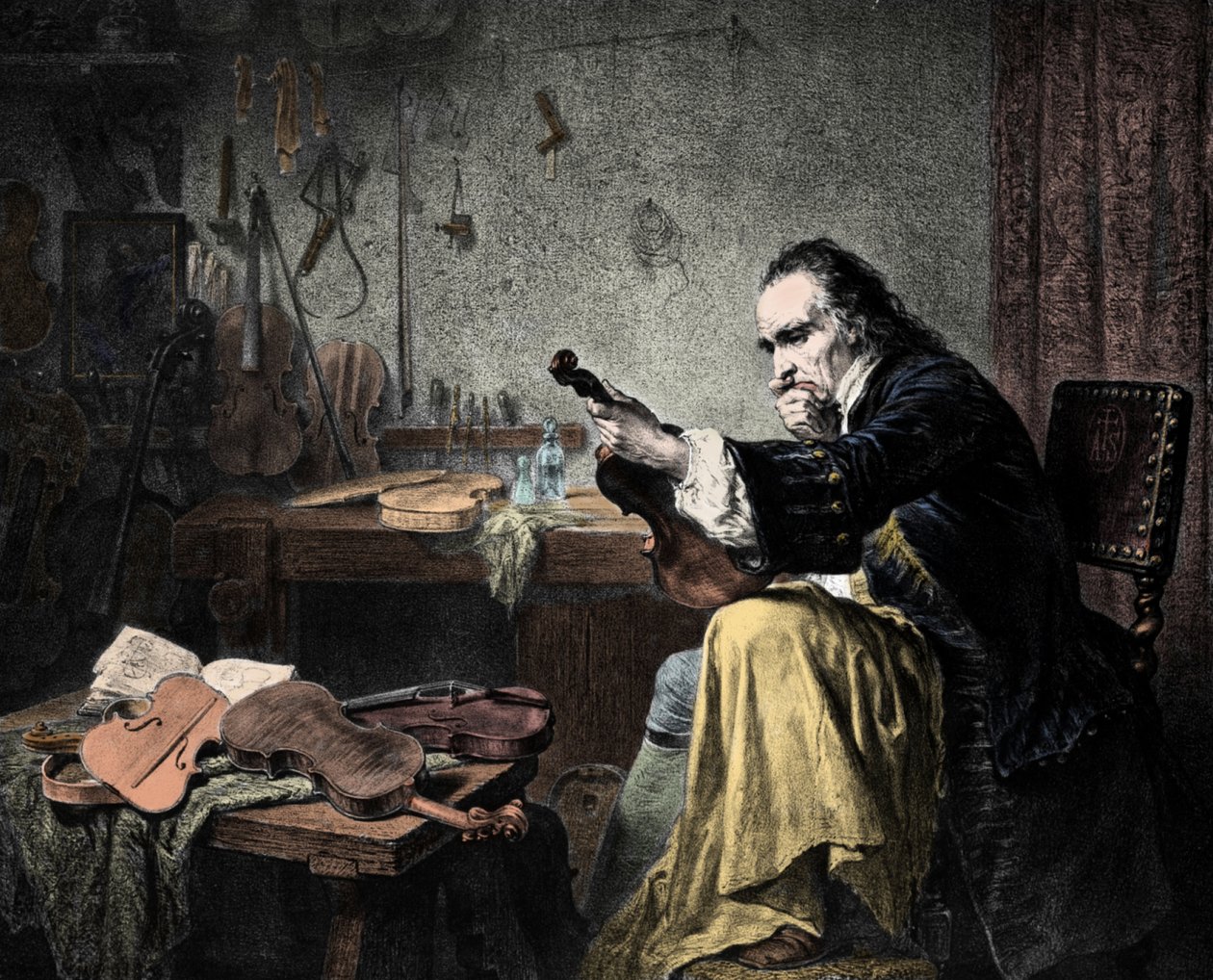 Luthier Stradivarius (Antonio Stradivari) (1644-1737) työpajassaan. Kaiverrus Hammann. Viulusuunnittelija Antonio Stradivari (Stradivarius) työssä. tekijältä Unknown artist