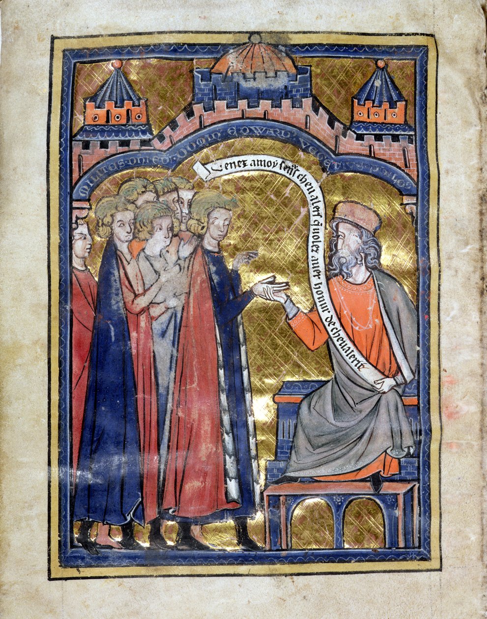 NEITI. Marlay. Add.1.f2b De Re Militari, Vegetius vastaanottamassa nuoren prinssi Edwardin (1239-1307) ja hänen seuralaisensa, n. 1270 (vellum) tekijältä Unknown artist