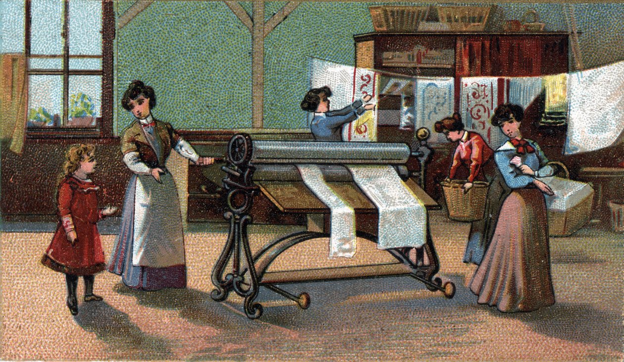 Konesilityslaite. (silitys). Kromolitografia 1800-luvun lopulta. tekijältä Unknown artist